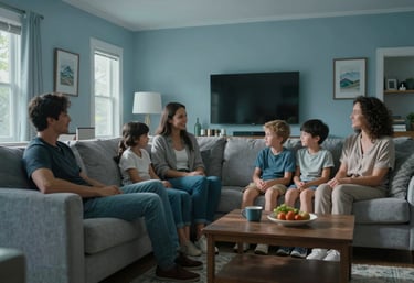 A family relaxing comfortably in a bright, temperature-controlled living room in a North American / US house, ambient soft blue lighting.