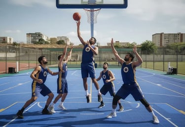 a group of young men playing basketball on a court