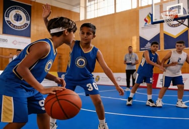 a group of young men playing basketball in a gym