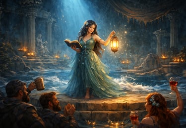 Illustration of a woman holding a lantern in a blue-toned, atmospheric scene