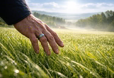 Close-up of a hand brushing through tall green grass in a sunlit field