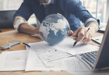 A professional virtual assistant working attentively at a sleek home office desk.