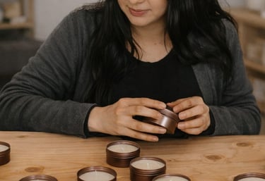 Una mujer artesana vierte a mano velas de cera de soja en latas de metal de bronce sobre una mesa 