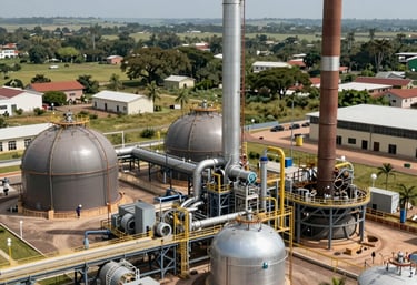 An aerial view of an African oil refinery with pipelines and storage tanks under a clear sky.