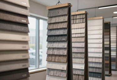 A selection of premium fabric samples and high-quality window blinds displayed in a bright, modern corporate showroom.