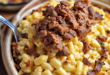 A vibrant food truck serving a steaming plate of mac & cheese topped with melted cheese and herbs.