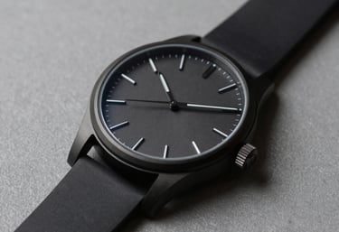 A minimalist black watch on a grey surface, representing precision and time management. Professional photography, neutral lighting, sophisticated vibe.