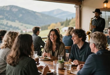 An elegant evening event in a castle with soft candlelight and string quartet performing.