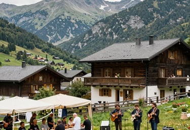 An elegant evening event in a castle with soft candlelight and string quartet performing.