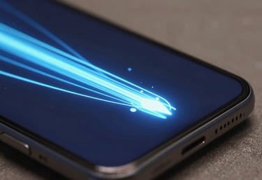 A macro photograph of an Android device showing glowing abstract light trails in dark blue and light blue, representing digital speed and innovation.