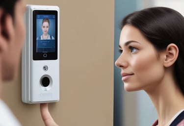 Close-up of a biometric fingerprint reader being used at a secure access gate.