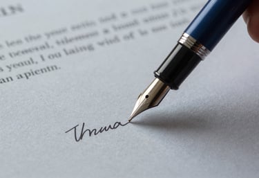 Macro shot of a high-quality fountain pen signing a legal document. Dark slate blue ink on light smoke grey premium paper. Professional and decisive mood.