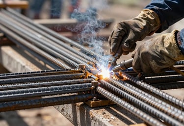 A close-up of high-quality industrial steel rebar and professional welding on a bridge section in a Latin American / Mexican project site.