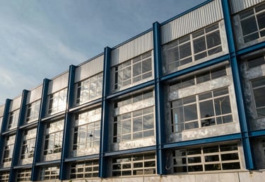 Modern South American / Brazilian industrial building exterior with energy-efficient windows and steel blue architectural details under a clear sky.