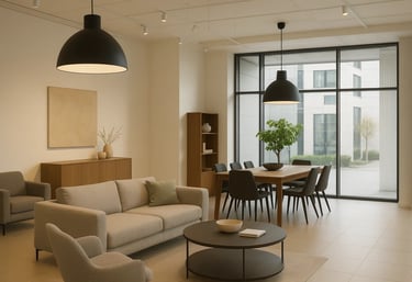 Soggiorno moderno arredato con divano e tavolo da pranzo nello stile Mobili Paolo