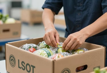 A close-up of high-quality export packaging. A person in professional gear is sealing a branded box filled with neatly packed produce. The lighting is bright and clean, emphasizing hygiene and the modern infrastructure of the trading business.