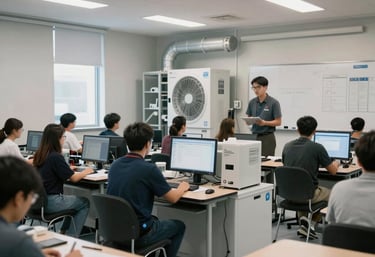 A modern, high-tech classroom with industry-standard equipment for HVAC training. The lighting is bright and authoritative. North American / US facility.