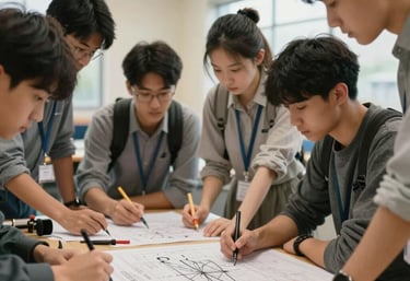 A group of focused students in a bright North American technical classroom, collaborating over blueprints for a sustainable plumbing system, using professional tools under soft, warm lighting.