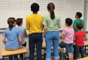 A smiling teacher helping a student with a lesson in a bright classroom.
