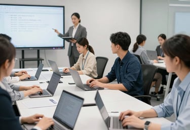 A busy call centre with employees using AI-powered software to enhance customer service.