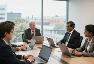 A focused team in a modern office meeting room, collaborating over AI strategy plans.