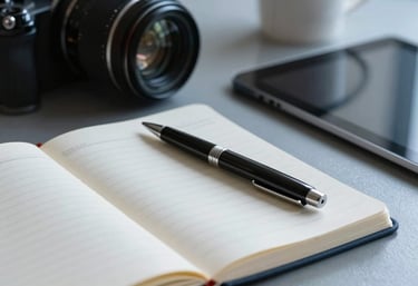 An organized desk featuring a notebook, a sleek pen, and a tablet, all in a professional environment with steel blue highlights.