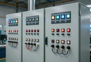 A sleek, modern industrial automation control panel with organized wiring and indicators, mounted in a Turkish / Anatolian manufacturing facility, soft steel blue lighting accents.