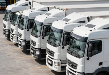 A fleet of modern white cargo trucks parked in a perfectly aligned row at a distribution center, daylight, clean and professional transport management, International / Global.