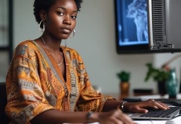 African businesswoman presenting marketing strategy on digital tablet in modern office.