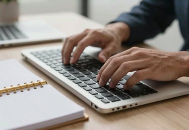 Close-up of hands typing on a modern keyboard next to a elegant gold-trimmed planner, bright and airy Brazilian office environment.