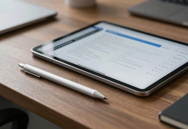 Close up of a premium executive desk in a North American office, featuring a sleek silver stylus and a high-resolution tablet displaying a clean dashboard interface.