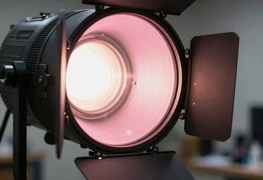 An artistic shot of a theatrical spotlight's inner workings, glowing with a soft pink light in a professional North American / US production house.