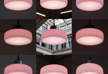 A collage style shot of pink lighting fixtures and architectural venue details in North America, with a professional design vibe.