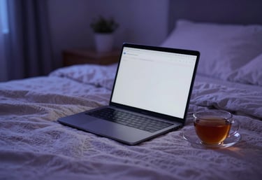 An inviting photograph of a laptop open on a soft blanket with a cup of tea nearby, in a cozy North American bedroom at night. Soft lavender and midnight blue lighting.