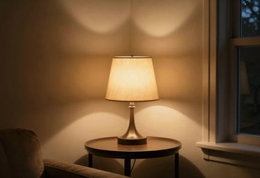 Photography of a cozy nook in a North American home during the evening. A soft lamp glows on a side table with a warm gold light. The atmosphere is quiet, peaceful, and safe.