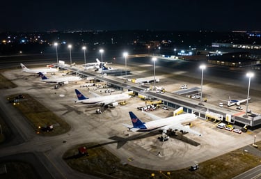 An aerial night photograph of a cargo airport hub in North America, with bright white stadium lights illuminating transport planes and loading vehicles on the tarmac.