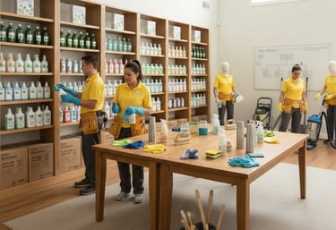 Professional cleaning crew in yellow uniforms stocking eco-friendly supplies on shelves in a bright workspace.