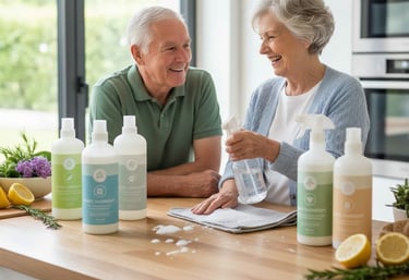 Smiling senior couple cleaning a kitchen counter with eco-friendly natural cleaning products.