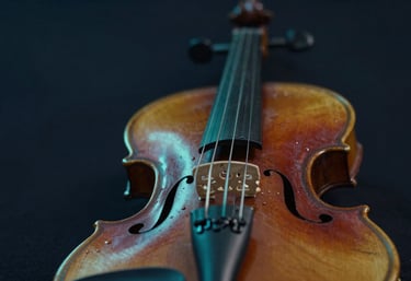 An artistic shot of a violin bridge and strings, symbolizing the precision of music, illuminated with a compassionate teal glow (#527A79) against a dark navy background (#1F3F49).