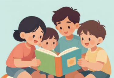 A vibrant and approachable illustration of young children interacting with a colorful storybook. Warm, soft lighting with #9EB7C2 and #EBF2F6 background colors.