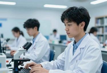 A secondary student in a high-tech school lab or library environment. Modern, high-contrast lighting using #0A1C2C and #EBF2F6.