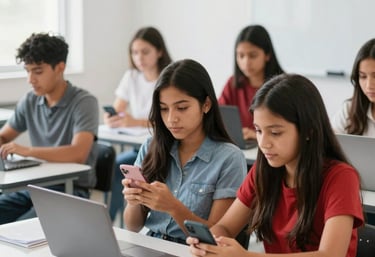 A diverse group of Mexican students using smartphones and laptops in a bright, modern classroom.