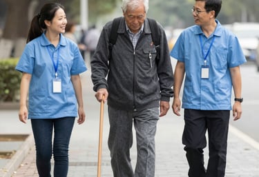 A cheerful pair walking through a park during a community outing.