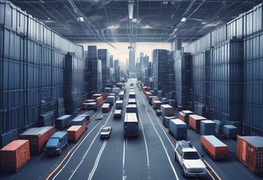 View of busy Monterrey industrial port with containers and trucks at sunset.