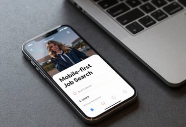 A high-angle shot of a smartphone and a sleek notebook on a modern desk, signifying a professional mobile-first job search and digital connectivity in a South Asian / Global context.