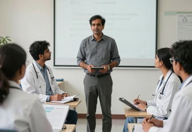 A South Asian / Indian educator leading a professional workshop for a small group of attentive medical professionals, clean bright interior, professional and clinical setting.