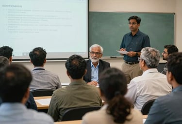 A group of South Asian educators and leaders in a brightly lit workshop setting, looking at a presentation, professional and engaged atmosphere, muted teal and tan decor.