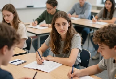A cozy classroom with a small group of students engaged in a lively language lesson.