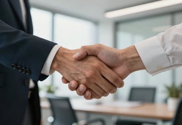 A close-up of a handshake between two professionals in a light-filled North American office, representing trust and a successful business partnership.