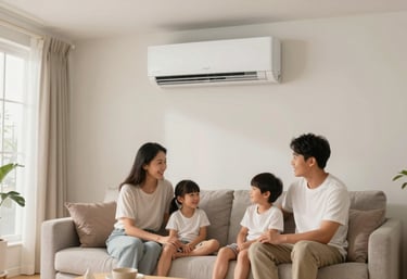 A peaceful family relaxing in a cool, comfortable modern living room in a North American home. Soft, bright lighting, emphasizing the relief provided by expert air conditioning.